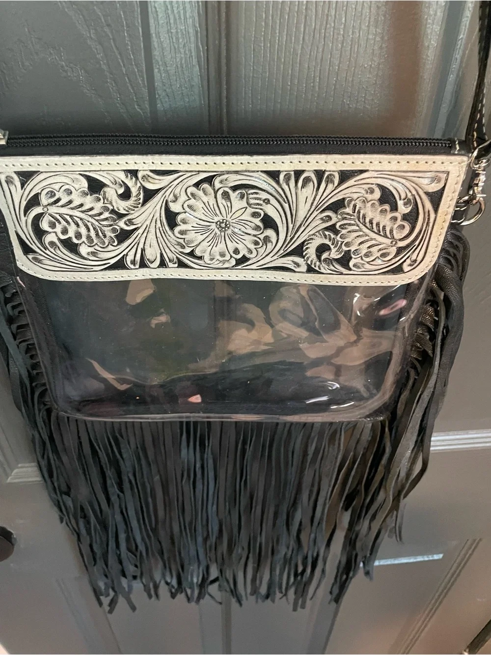 Black Fringe Clear Crossbody Bag with beige Floral Trim